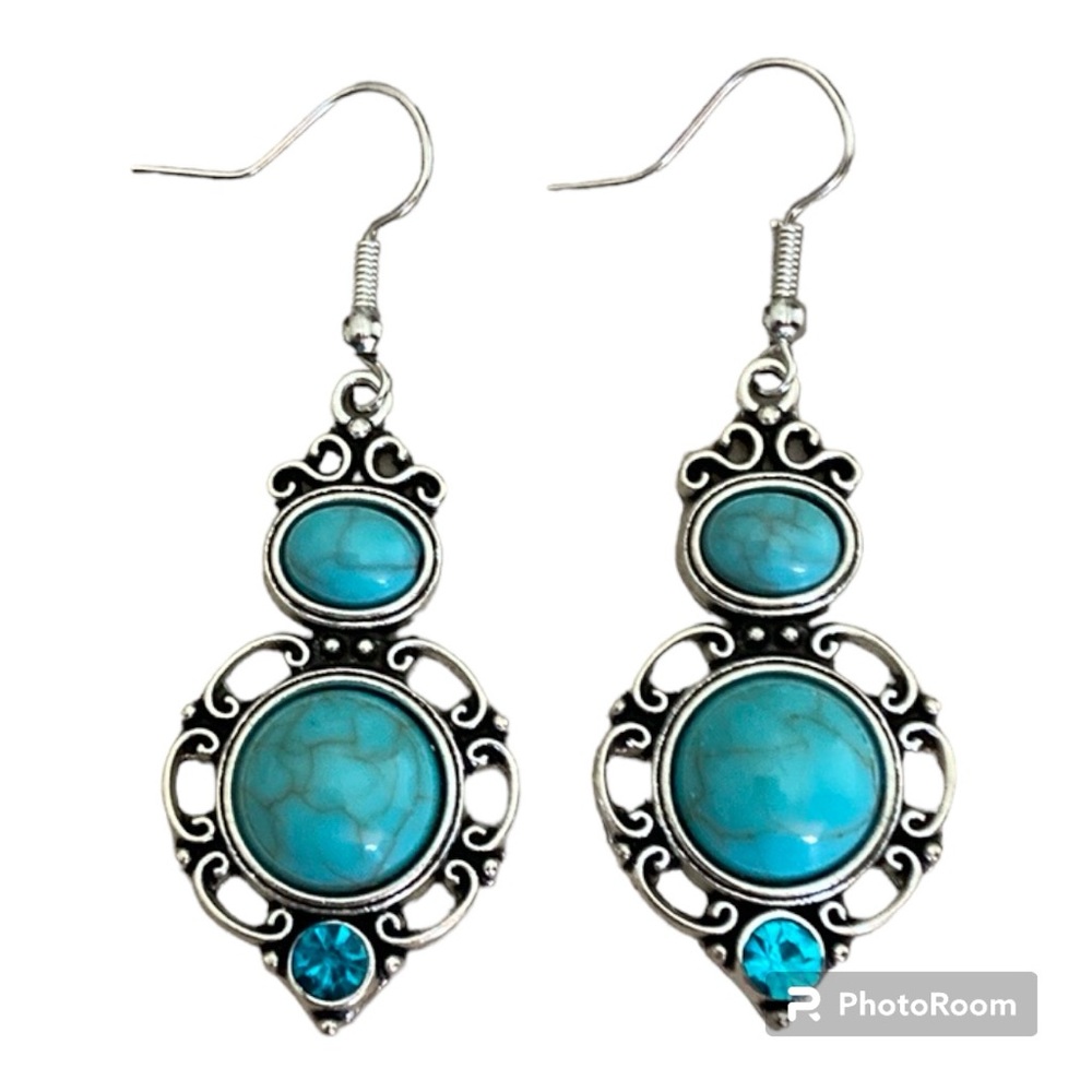 Vintage Boho Drop Dangle Earrings Ancient Silvery Style With Turquoise Stone